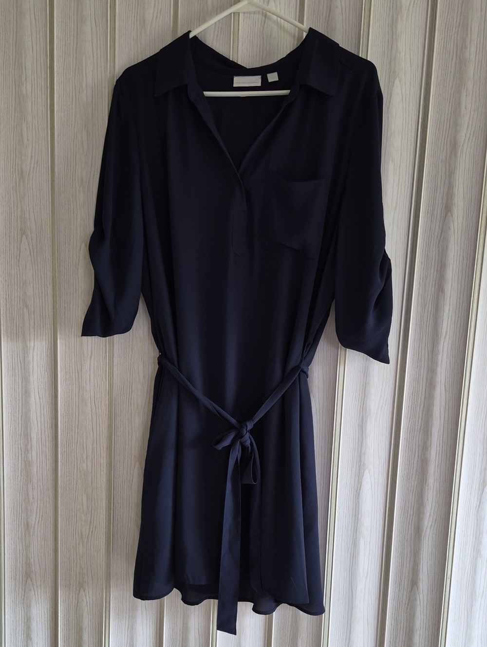 New York & Company Navy Midi Shirt Dress with Tie Waist